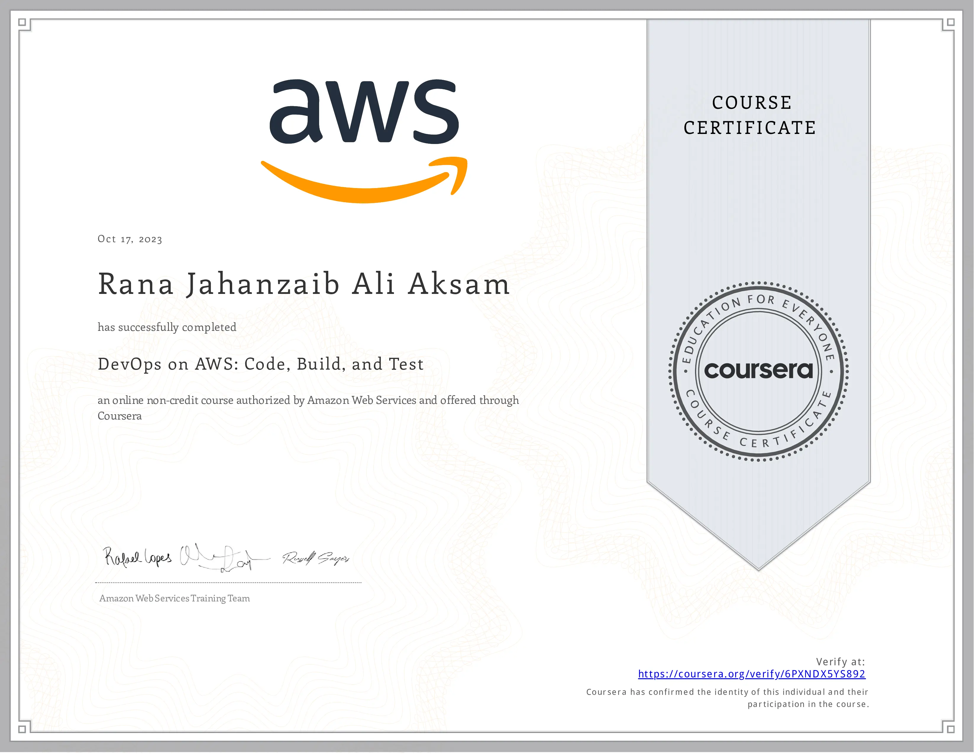6PXNDX5YS892 Certificate
