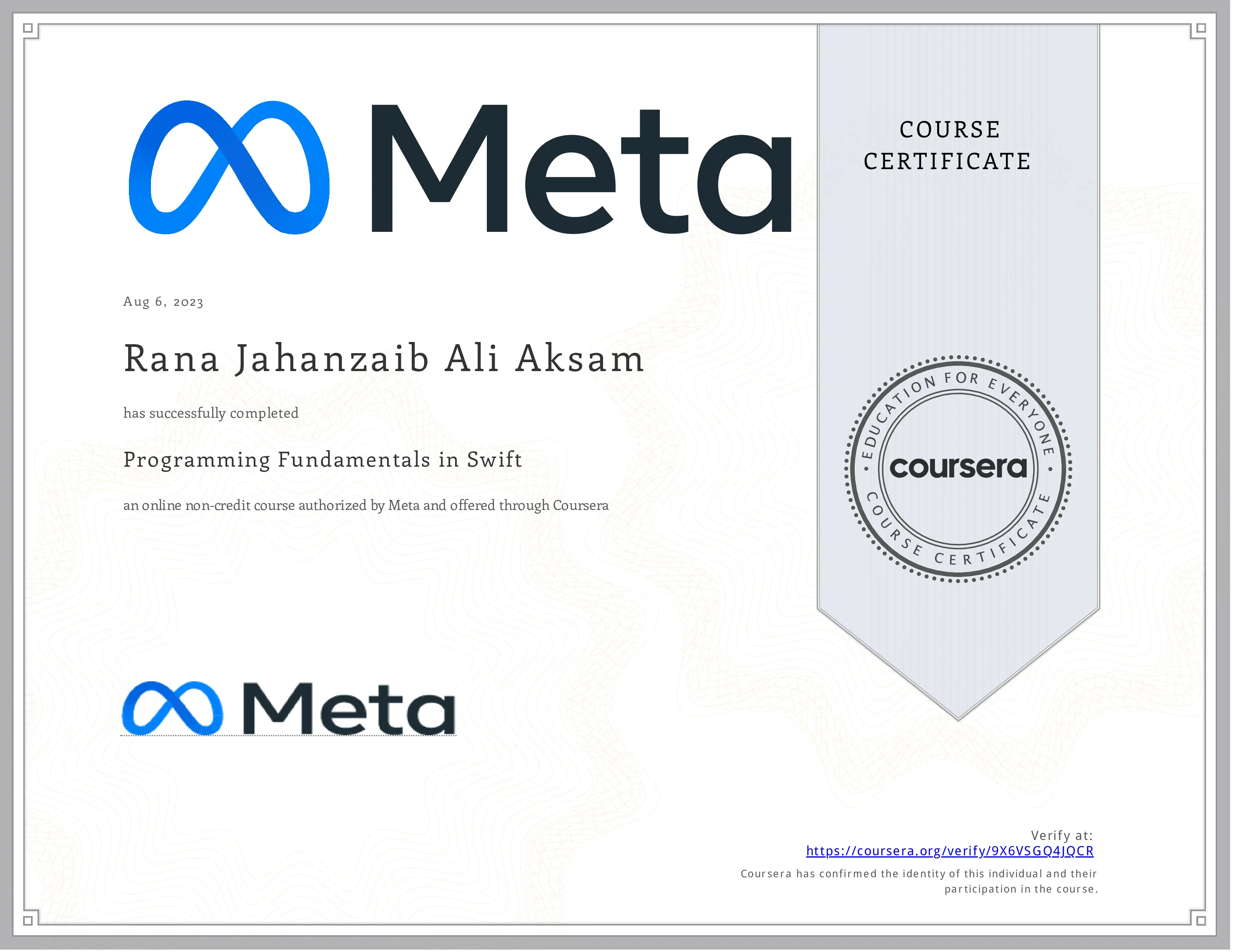 9X6VSGQ4JQCR Certificate