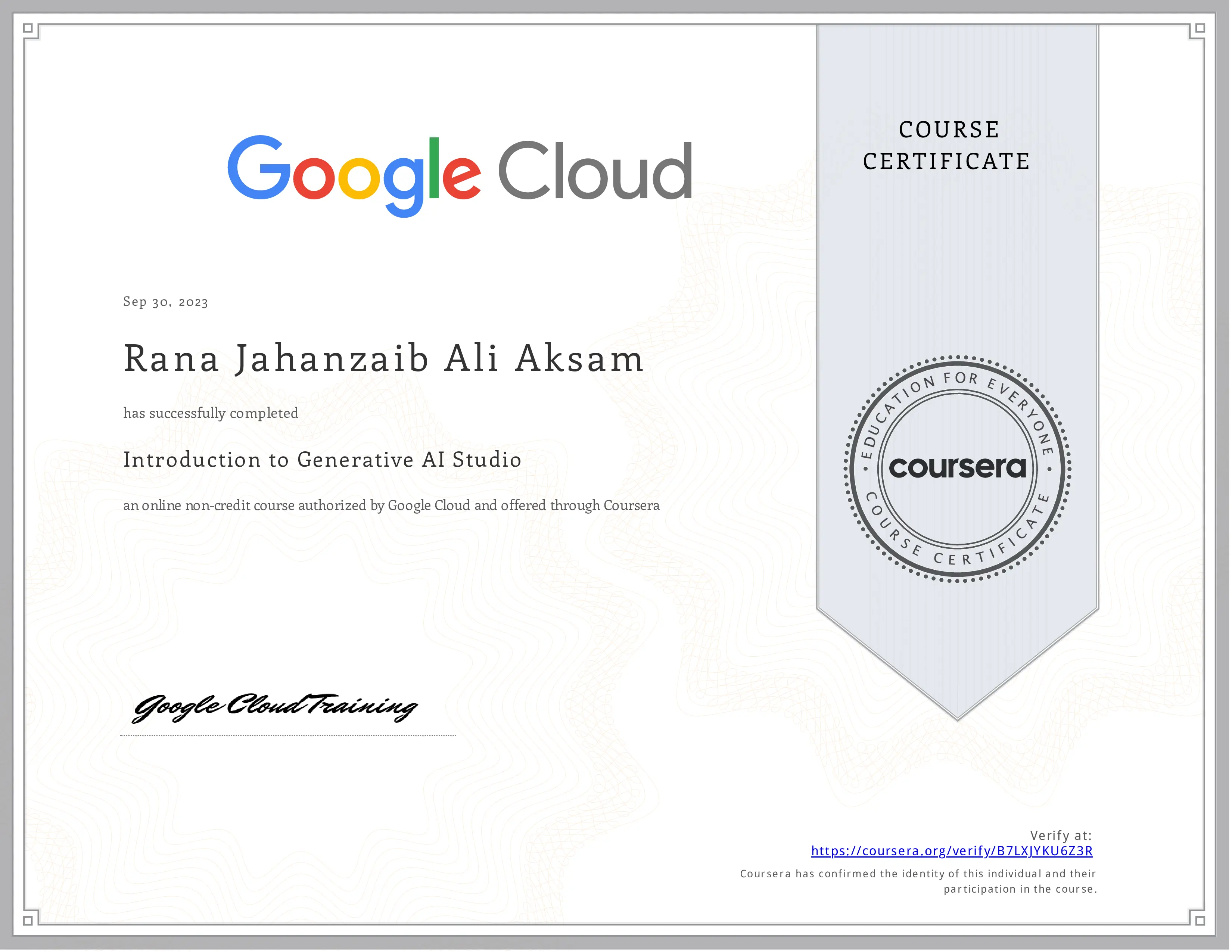 B7LXJYKU6Z3R Certificate
