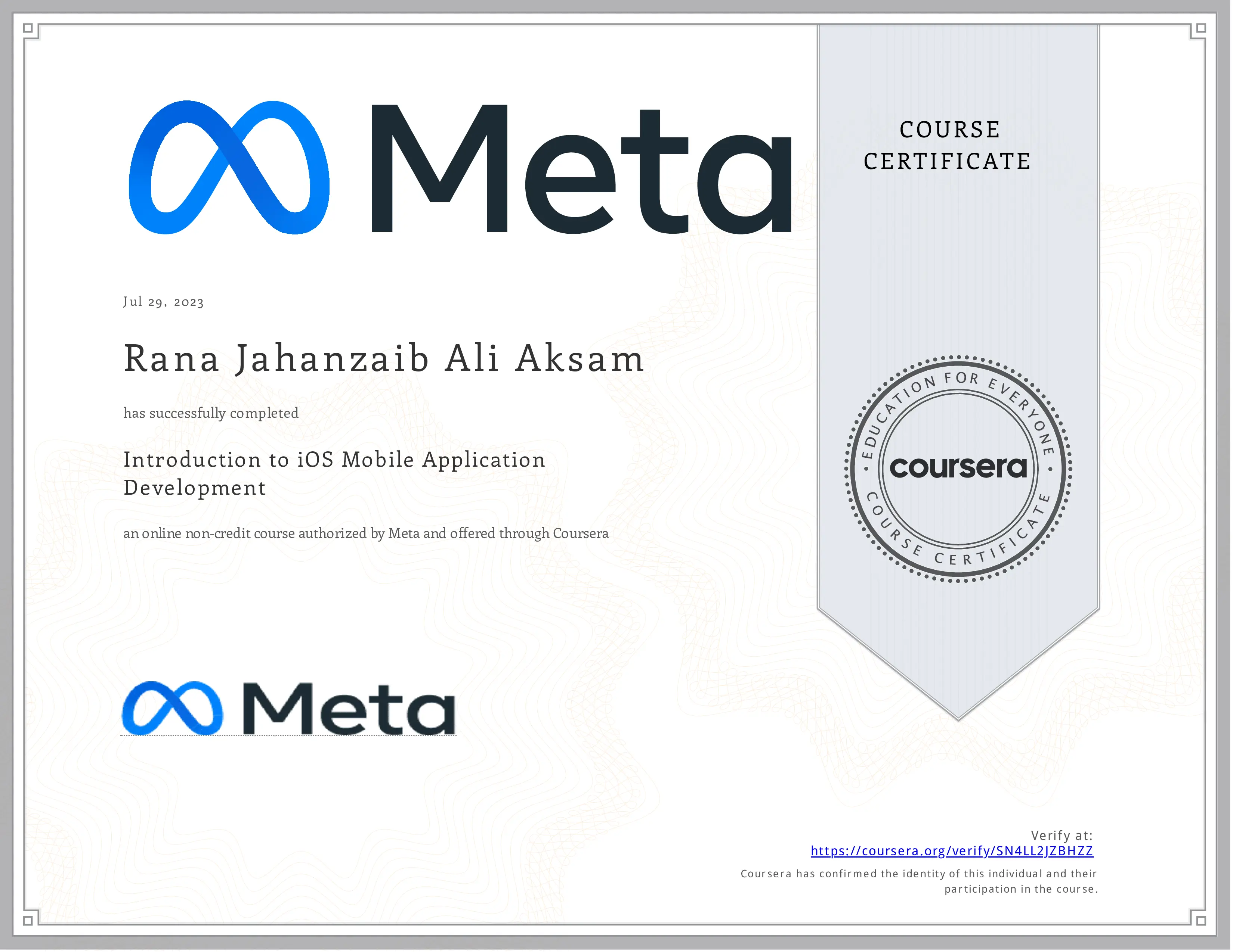 SN4LL2JZBHZZ Certificate
